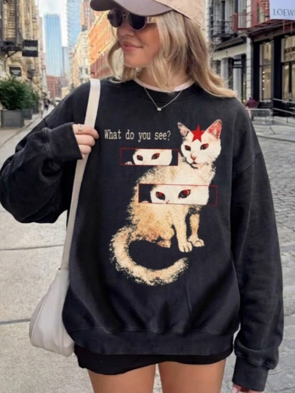 "What Do You See" Cat Graphic Crewneck Sweatshirt Vintage Grunge Oversized Black